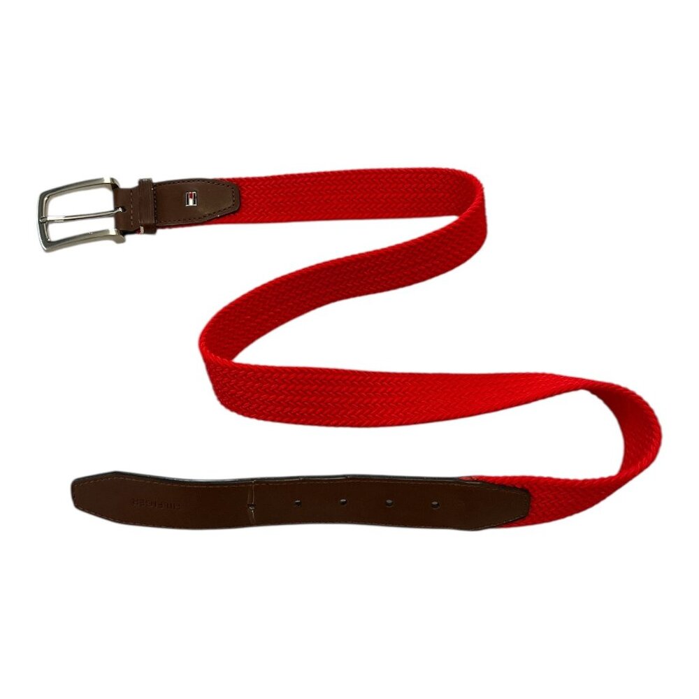 Tommy Hilfiger Men's Woven Red Belt | Bonded Leather Trim | Silver Buckle | 37"